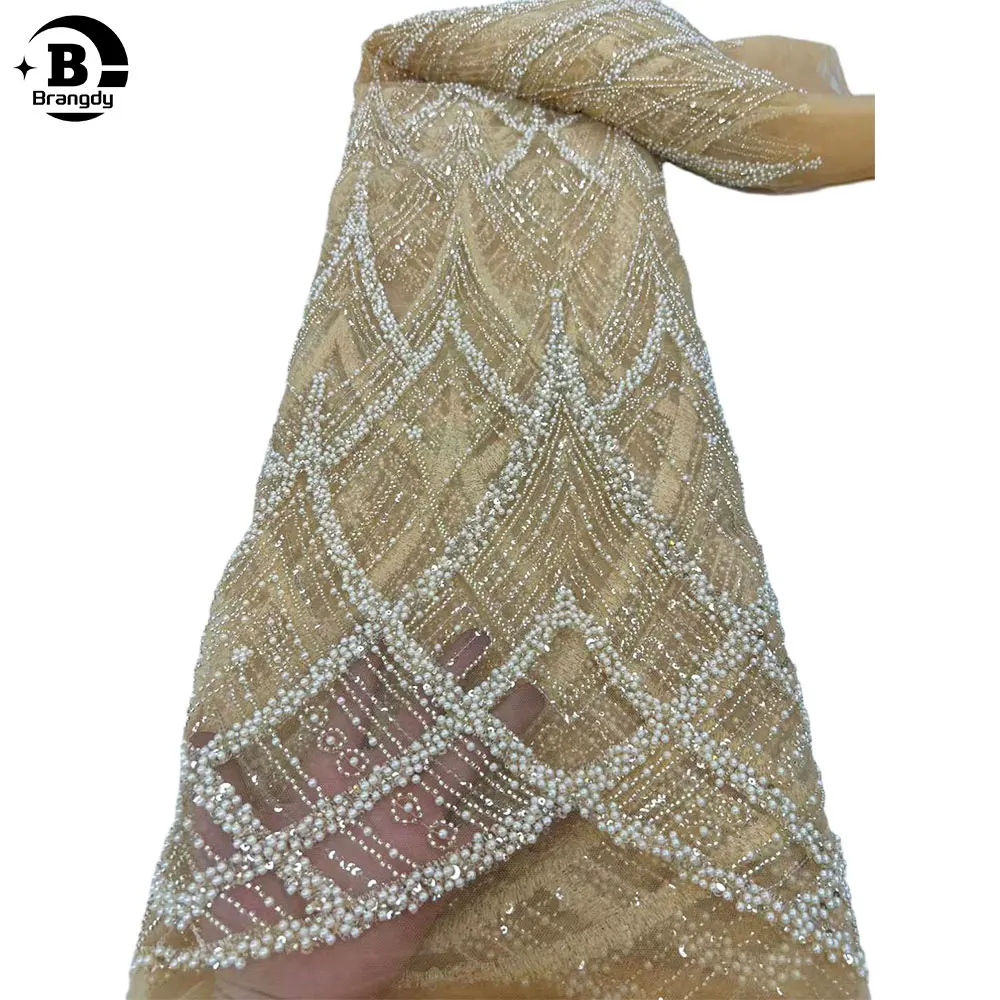 

Fashion HandMade Beaded French Lace Fabric 2023 Sequins African Tulle Lace Fabric Nigerian Lace Fabric For Party Dress Z750031A