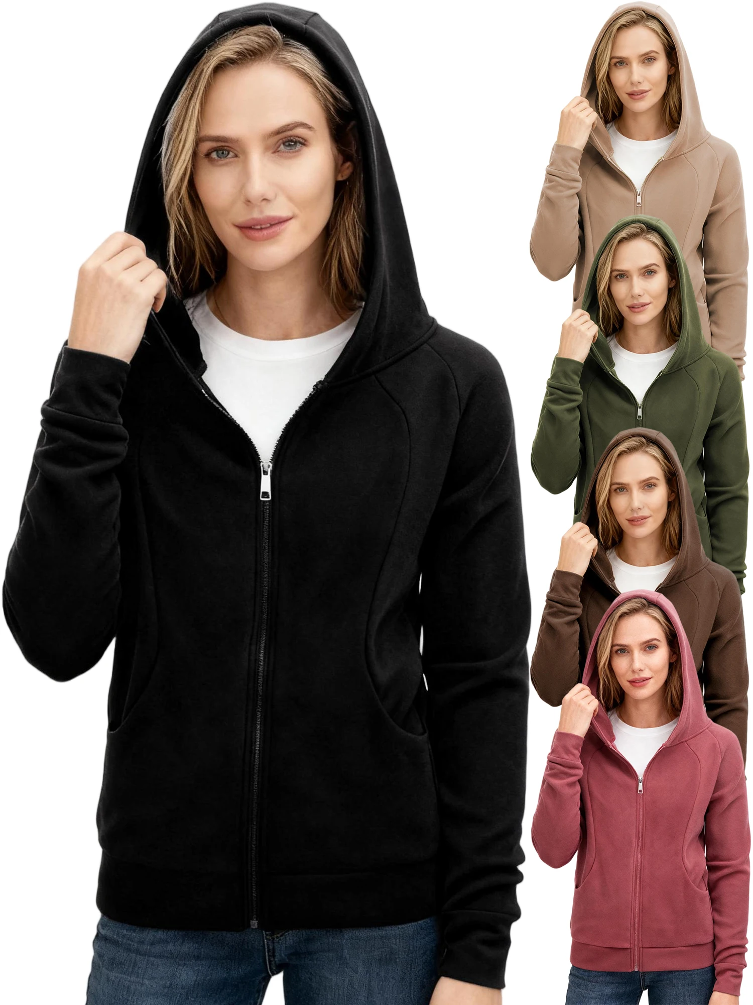 

Autumn Solid Color Versatile Zipper Hoodies Women Winter Slimming Jacket Thicken Fleece Sportswear Pocket Jogging Unisex Hoody
