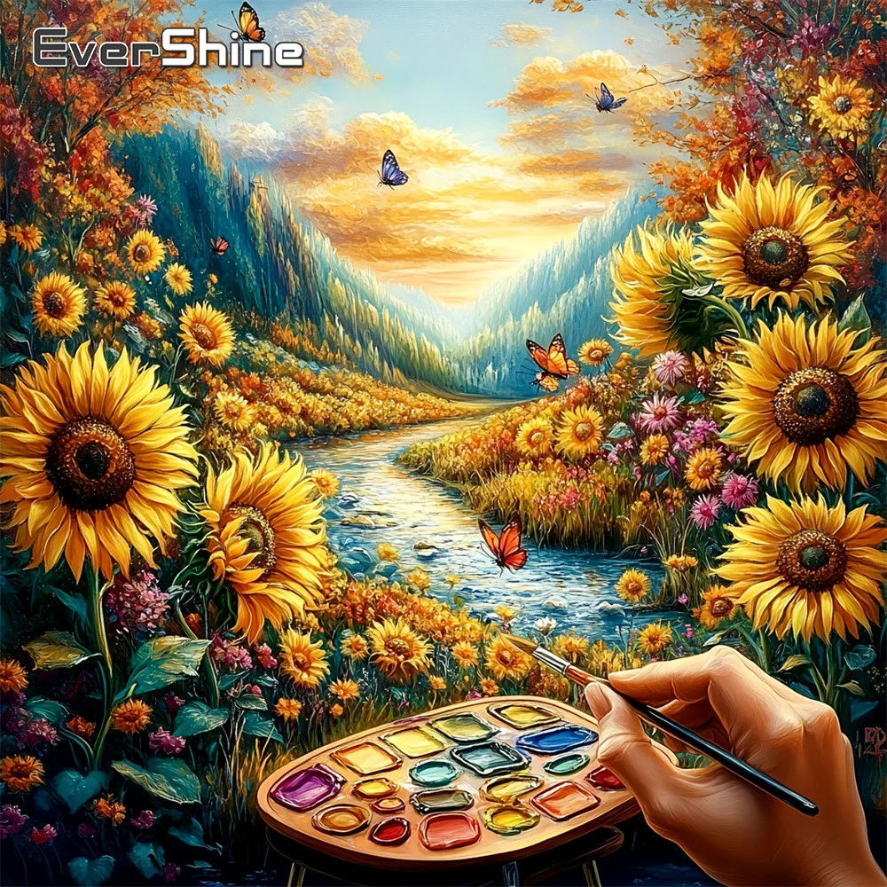 Evershine Voll-Diamant-Mosaik Landschaftsbild Strass-Gemälde Sonnenblume DIY Stickerei Baum Heimdekoration