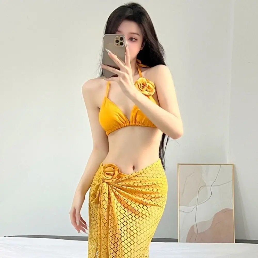 

Комплект из 3 предметов: длинное платье и бикини для женщин, с лямкой через шею, с подкладкой, раздельный купальник, летний эстетичный комплект для пляжного отдыха