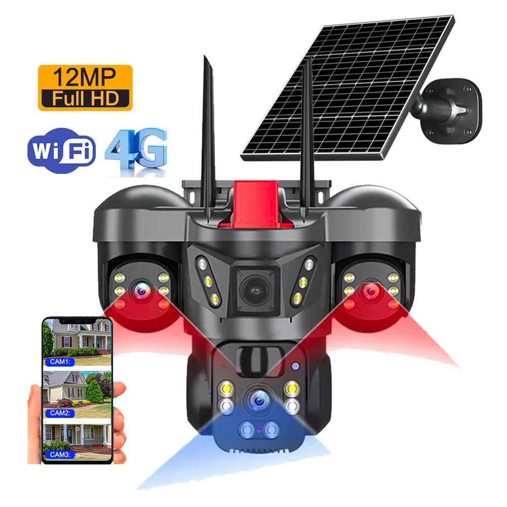 12MP Triple Len Outdoor Solar Wifi Camera Humanoid Detection Surveillance Sim Card 4G 360 Solar Security Camera Night Vision