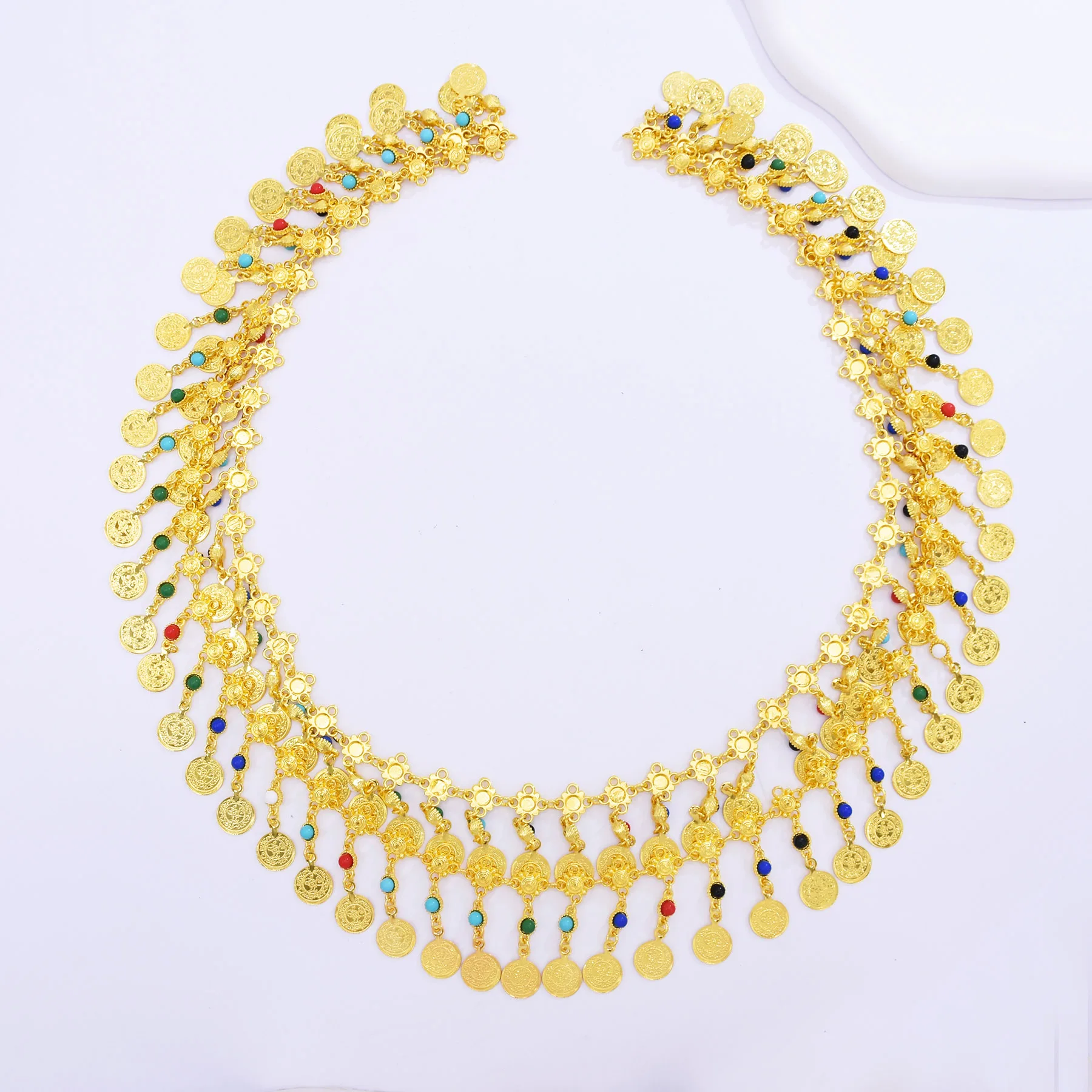 Gold Plated Colorful Turquoise Coins Tassel Body Chains Kurdish Afghan Ethnic Bride Wedding Party Shoulder Jewelry Accessories