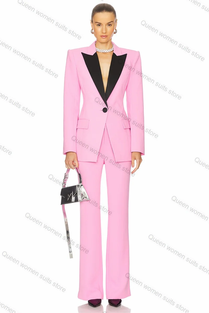 Formal Pink Women Suit Set for Wedding 2 Piece Blazer+Pants Black Lapel Office Lady Cotton Jacket Coat Trousers Custom Made