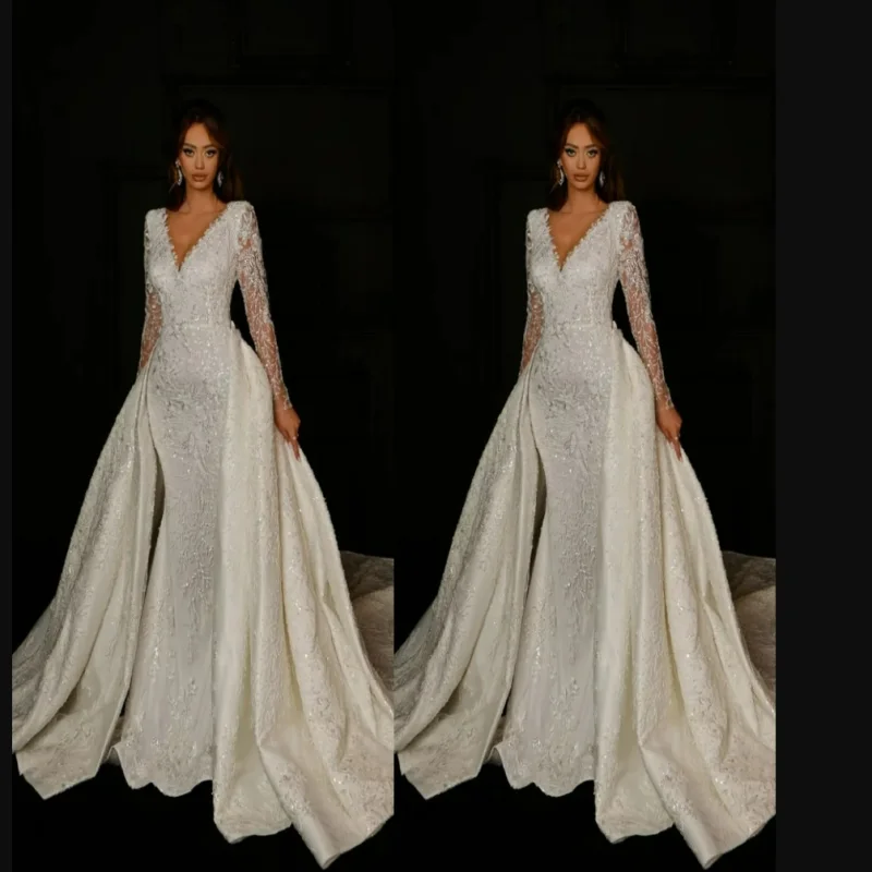Customized V Neck Lace  Appliques Vintage  Wedding Dress  Robe De Mariée Long Sleeves Detachable Train Bridal Gowns