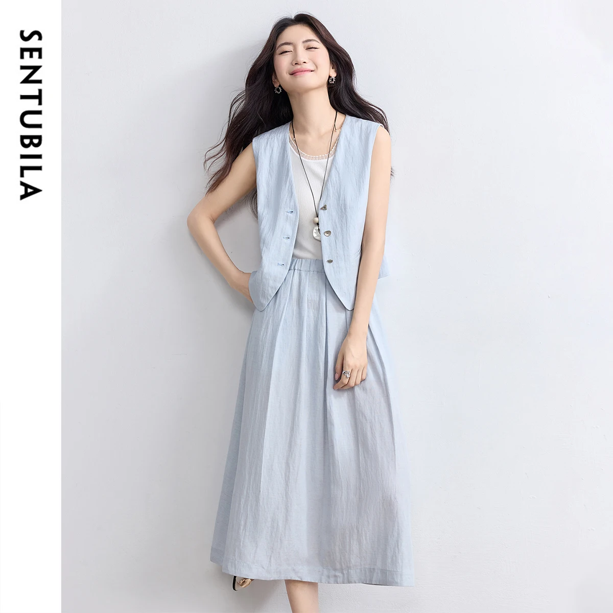 

SENTUBILA Summer Woman Skirt Suit 2026 Fashion Sleeveless Vest Jacket A Line Skierts 2 Piece Sets Commute Woman Outfit152ZE8759