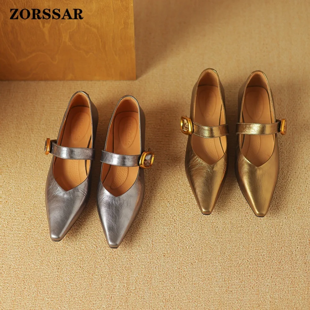 

2026 New Women's Metallic Mary Jane Wedges Pointed Toe Low Wedge Heel Gold Buckle Strap Elegant Party Dress Shoes Size 34-42