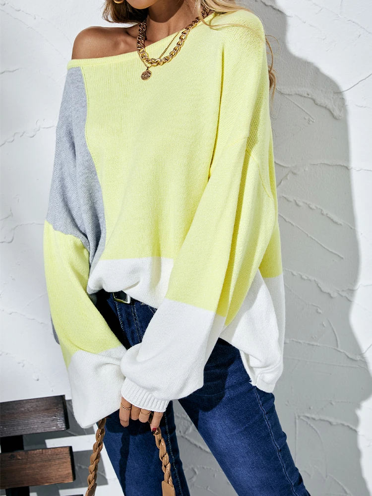 

OMSJ 2024 Color Patchwork Loose Casual Tops For Women Knitted Full Sleeve Round Collar Pullover Fashion Wild Street Style Jumper
