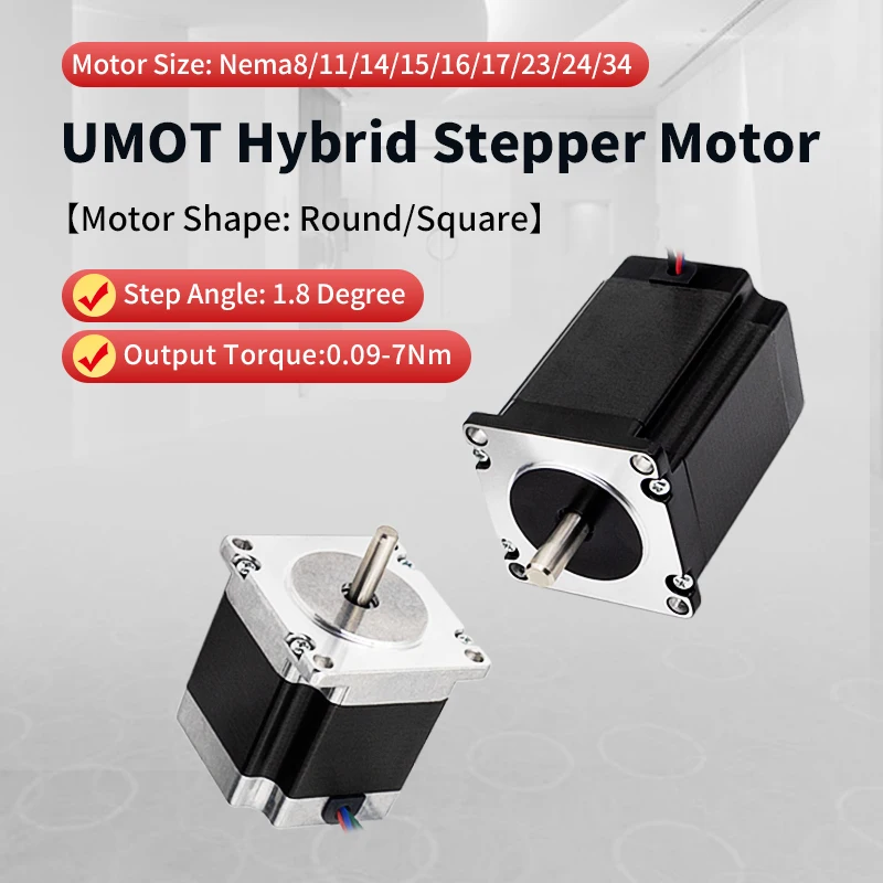 

UMOT DC Round/Square Nema8/11/14/15/16/17/23/24/34 Hybrid Stepper Motor 1.8°/1.2° 2/3Phrase 4-lead Stepping Motor for 3D Printer