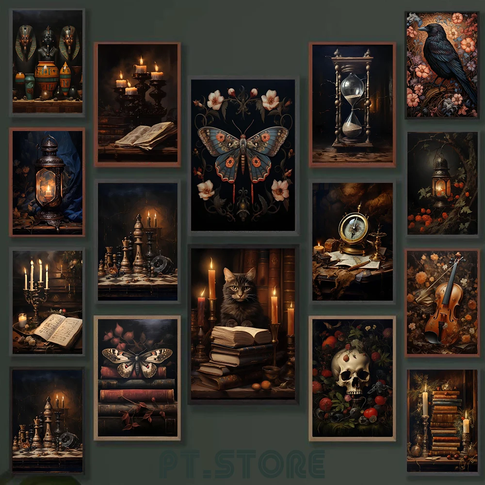 Fonógrafo gótico Vintage, póster estético antiguo, Academia oscura, mariposa, cuervo, pintura en lienzo, galería, arte de pared, Mural, decoración del hogar