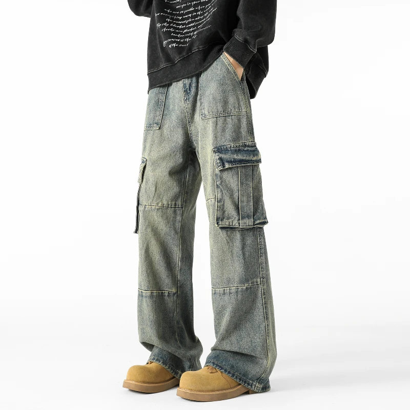 

Hip Hop Mens Jeans Japanese Streetwear Washed Large Pockets Cargo Pants Summer Fashion Casual Full Length Straight Long Trousers