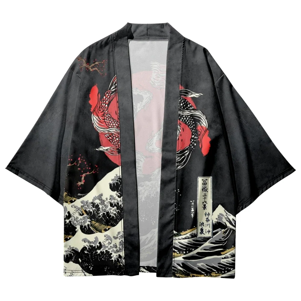 Print carpa de Spray de carpa para hombres y mujeres Kimono Cosplay Haori Waves Yukata Tops playa estilo japonés ropa de Bata de gran tamaño