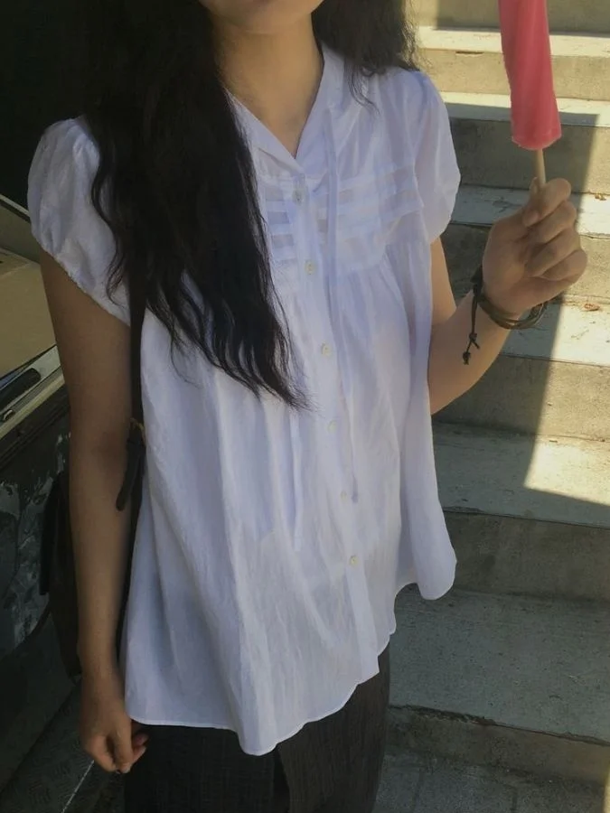 

Ele Chic ort Sve irt for Women with Hat Single Button Design Korean Sle Loose Fit Bubble Sve Pred Pleat