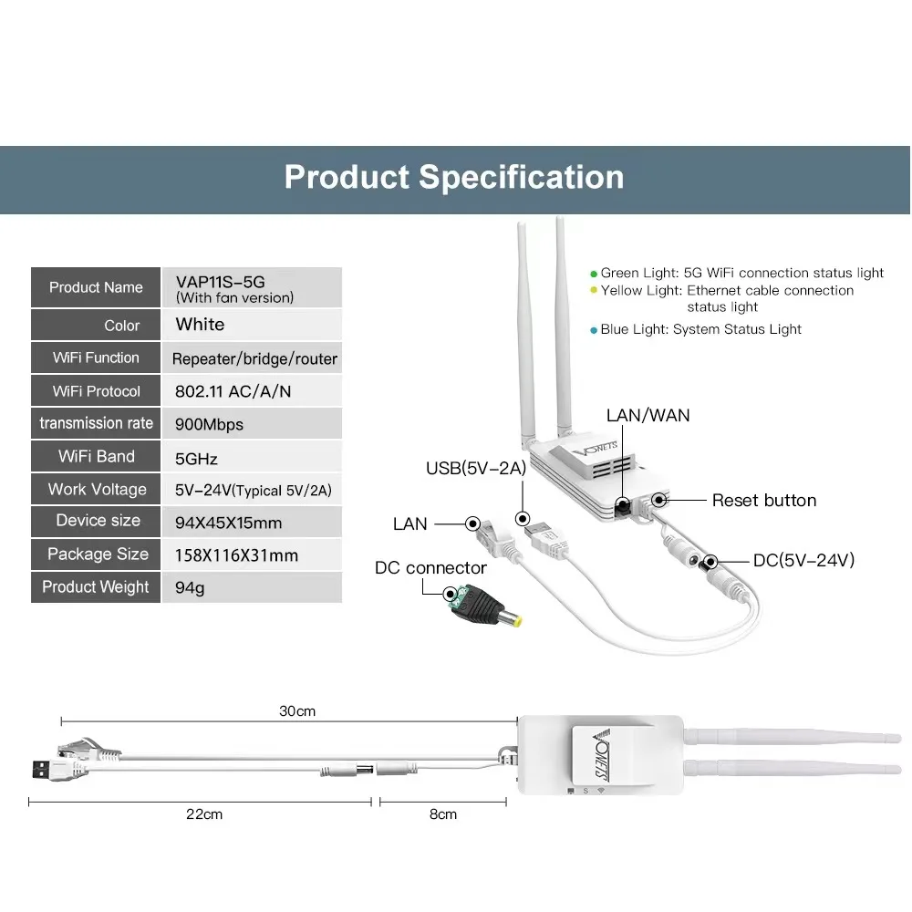 VONETS 5GHz WiFi Bridge/Router/Repeater WiFi to Ethernet Convert for PLC IoT IP Camera Monitor Video Transmission VAP11S-5G fan