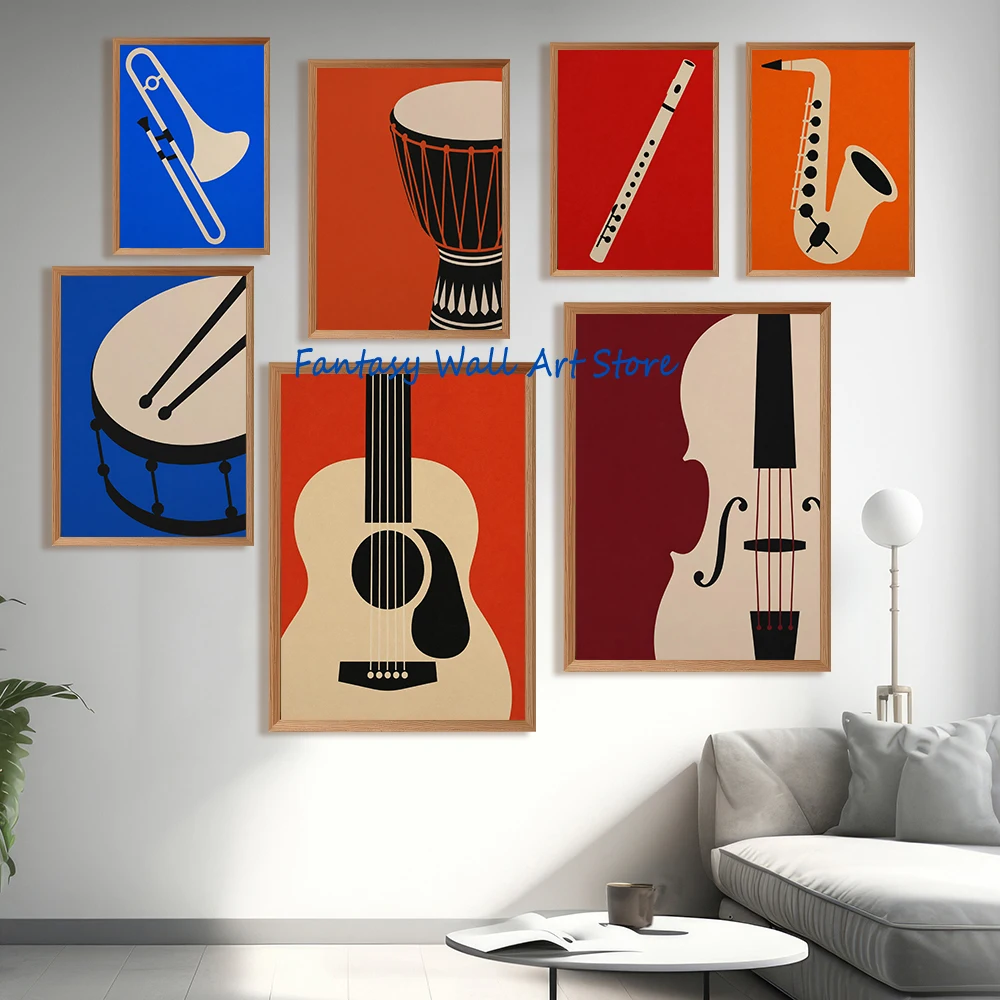 Abstract Vintage Violin Saxophone Guitar Recorder Minimalist Instrument Jazz Music Poster Canvas Painting Wall Pictures Decor