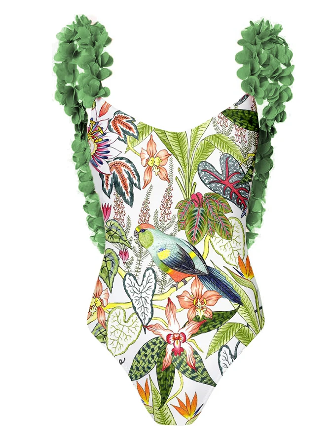 Vintage Fashion Floral Print One Piece Swimsuit and Cover UpGreen Women One-Piece Ruffle Bikini To Cover The Belly 2024