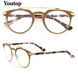 Women Vintage Round Eyeglass Frames Men Metal Optical Glasses Frames Double Bridge Stainless Steel Brown Tortoise Prescription
