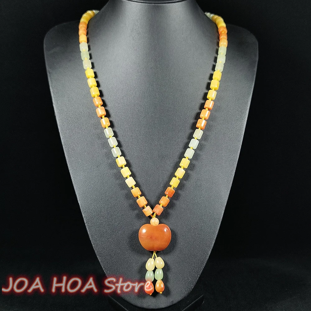 

Colorful Beautiful Natural Golden Silk Jade Apple Barrel Bead Sweater Chain Red Yellow With Three-color Necklace Fine Jewelry