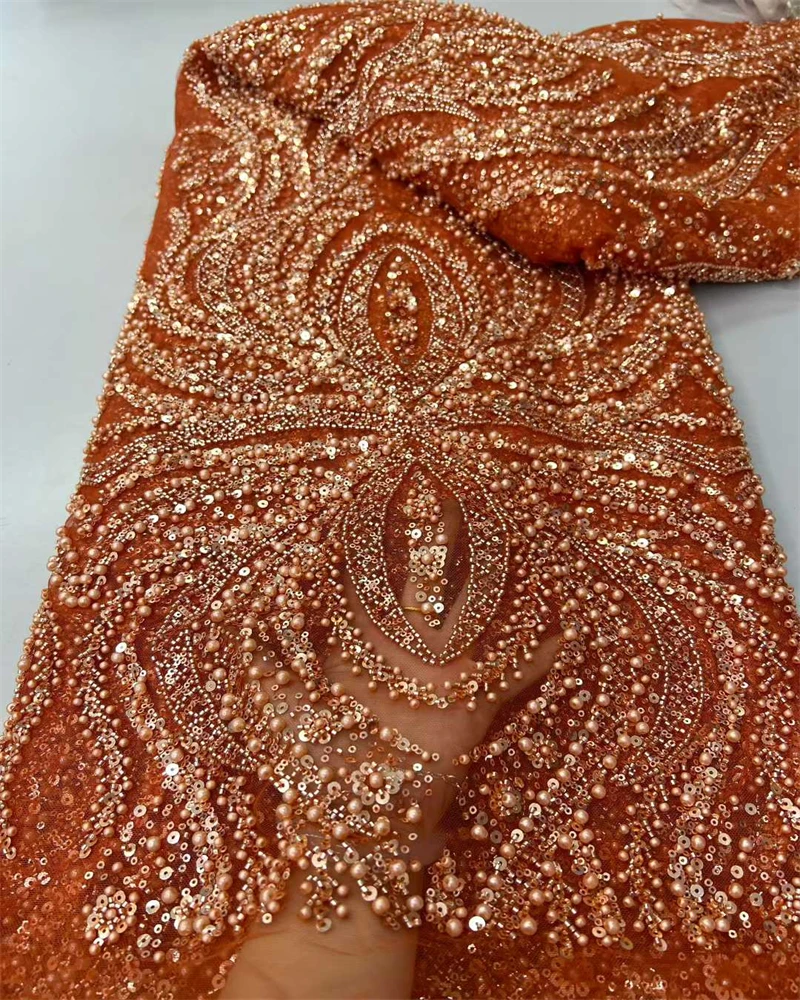 African Nigerian Net Lace Fabric Handmade Heavy Beaded Sequins Cloth for Prom Dresses High Quality Beads