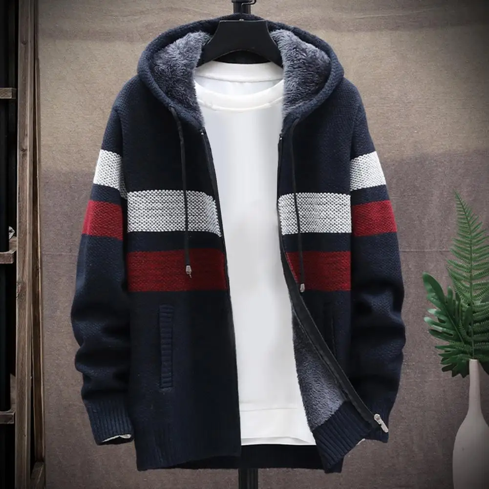 Winter Men Sweater Hooded Add Velvet Cardigan Patchwork Color Stand Collar Male Casual Zipper Knitted Thick Warm Sweatercoat