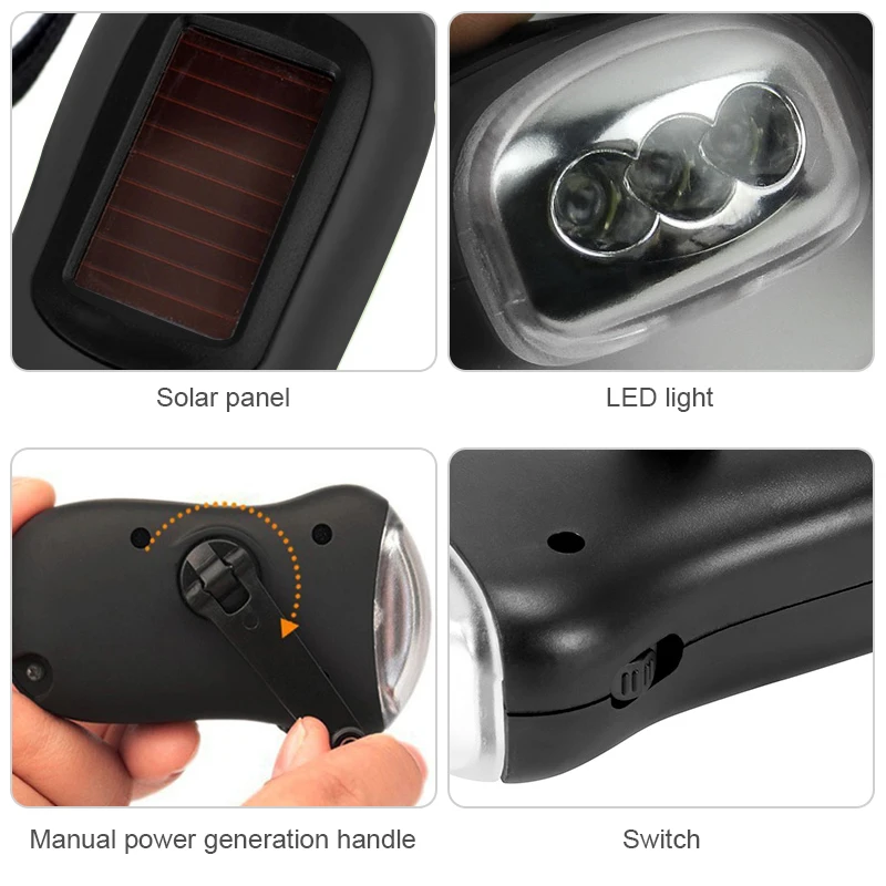 Emergency Flashlight Portable Hand Crank Generator Wind Up Solar Dynamo Powered Charger 3 LED Manual Flashlight Household