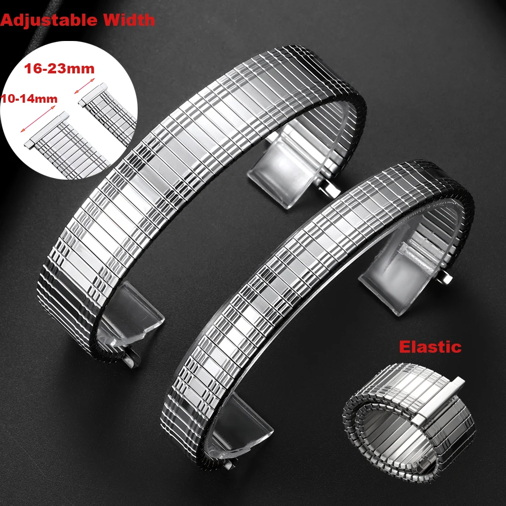 10 mm-14 mm 16 mm-23 mm Edelstahl-Uhrenarmband für Damen und Herren, Metall-Armband, verstellbare Breite, elastisches Erweiterungsarmband