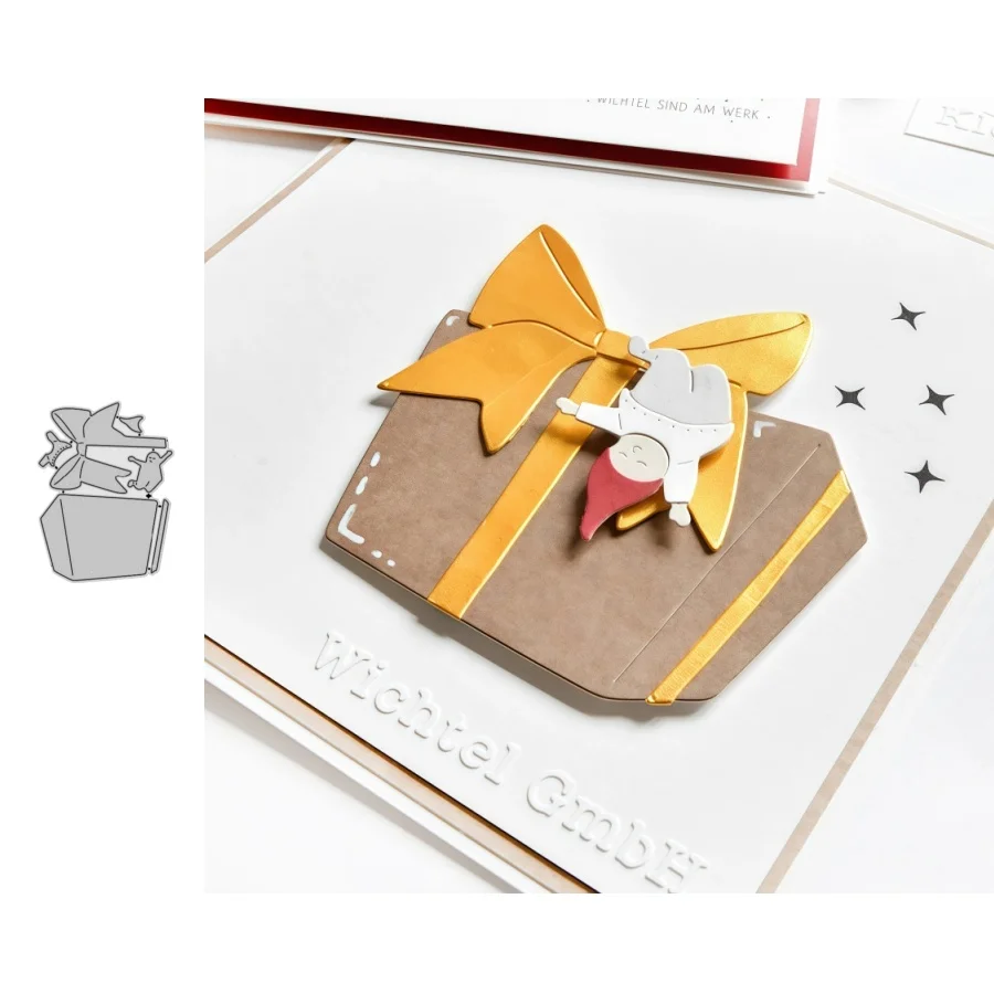 2026 Neuankömmling Elf mit großem Geschenk, Metall-Stanzformen für DIY Scrapbooking, Kartenherstellung, Schablonen, Prägung, Handwerk, Dekoration
