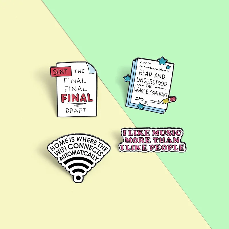 Wholesale Funny Quote Enamel Pin Custom Music WIFI Book Letter Brooch Matel Lapel Badge Backpack Cartoon Jewelry Gift for Friend