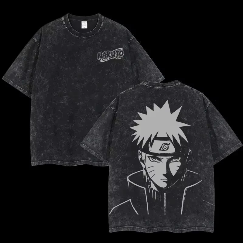 

2026 summer Naruto Oversized T-shirt, Uzumaki Naruto Print with Hidden Leaf Logo Casual Streetwear Washed Tee For Men Women