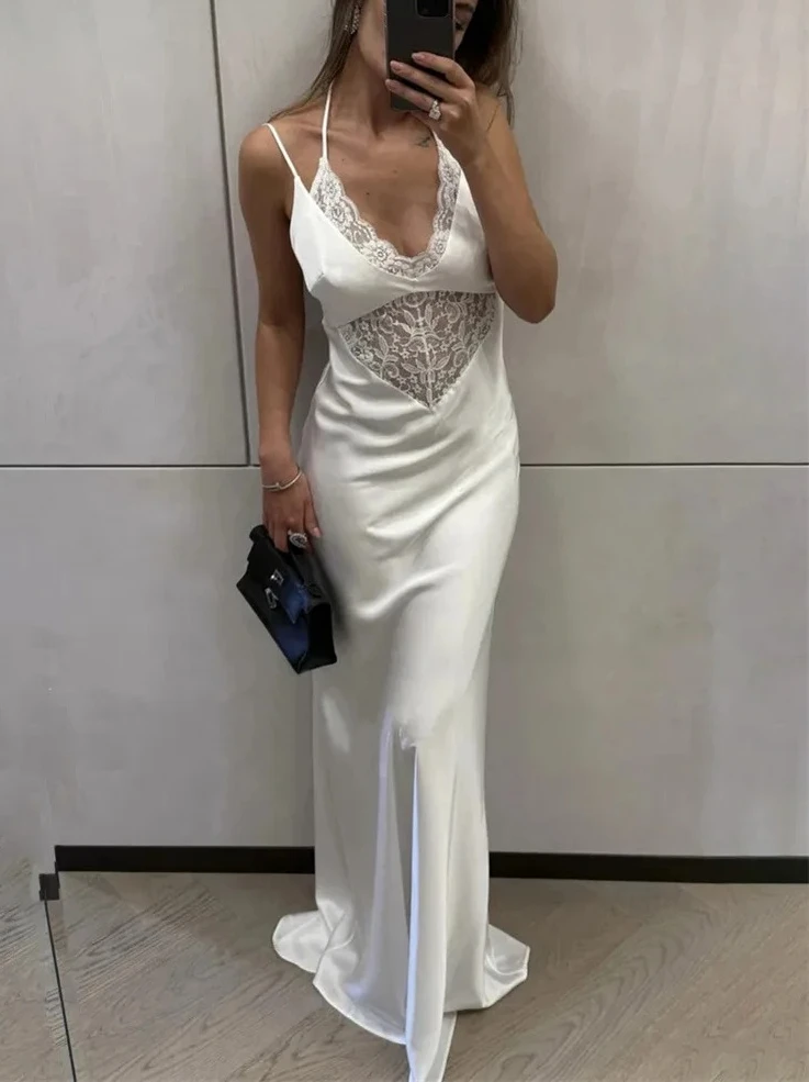 

2026 New Summer Women's Lace Hollow Out Maxi Dress Sexy Backless Spaghetti V-Neck Slim Party Evening Halter Dress