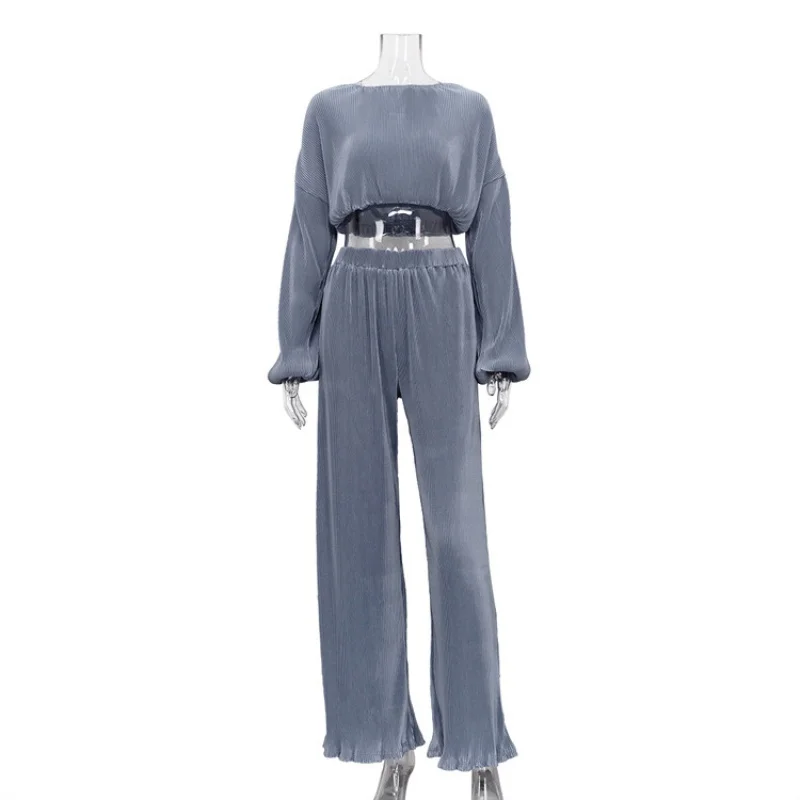 Autumn Suit Women's Clothing Fashion Long Sleeve Midriff-Baring Shirt Pleated Wide-Leg Trousers Two-Piece SetWlj