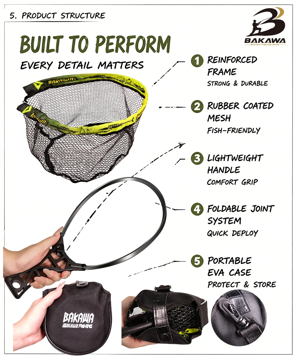 BAKAWA 25 30 S L Compact Folding Landing Net Rubber Mesh Lightweight Portable Fish Net Bass Fishing Quality Net Pesca Accesorios - view 5