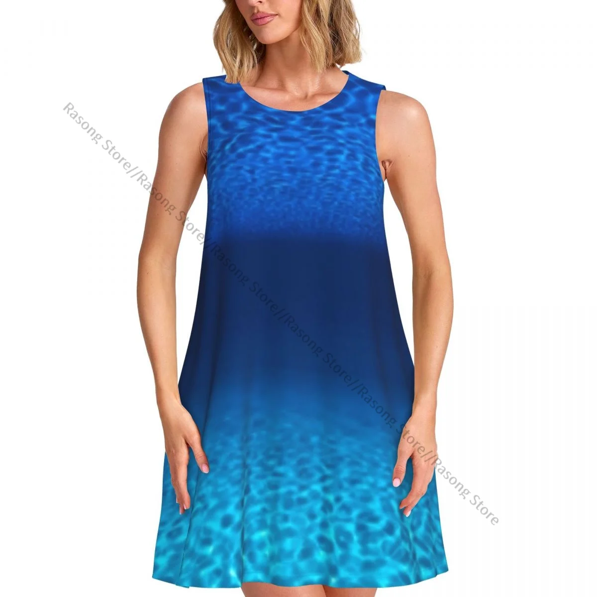 Robe pour femmes, motif paysage marin tropical, vue sous-marine, col rond, sans manches, longue