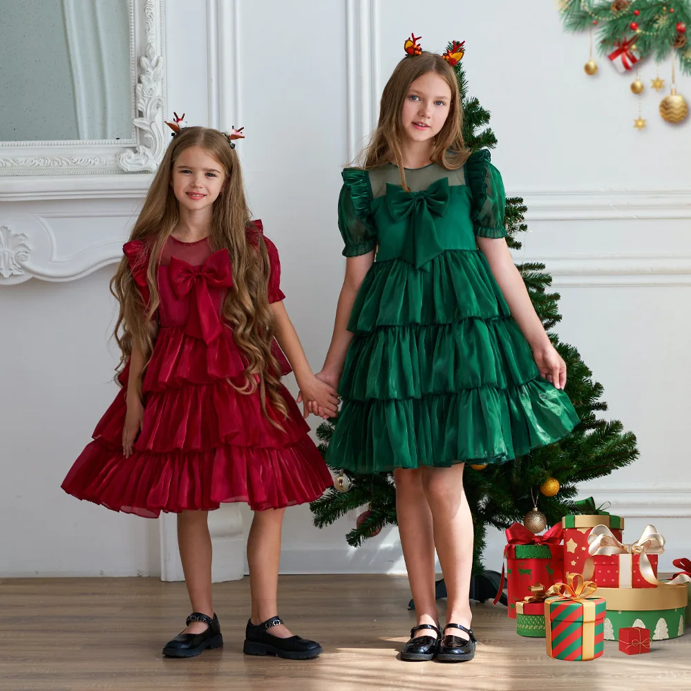 

Christmas Girls Dress Children Bubble-Sleeve Puffy Gown Tulle Lace Ruffles Party Evening Dress Bow Knot Red Green Kids Costume
