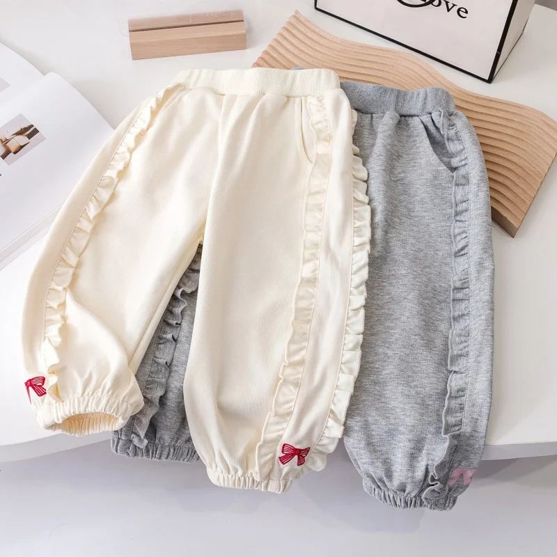 Kxkm-Internet Celebrity Fried Street Girls' Lace Solid Color Sports Casual Pants Little Girl Western Style All-Matching Spring a