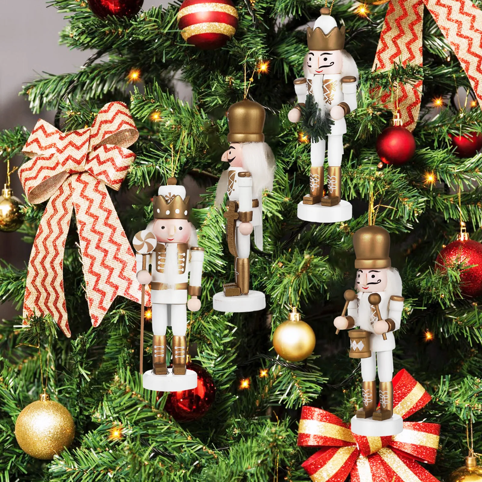 

Wooden Christmas Nutcracker Set 5Pcs Xmas Figure Craft Decoration Festival Nutcracker Soldier Ornament Pink Puppet Holiday Decor