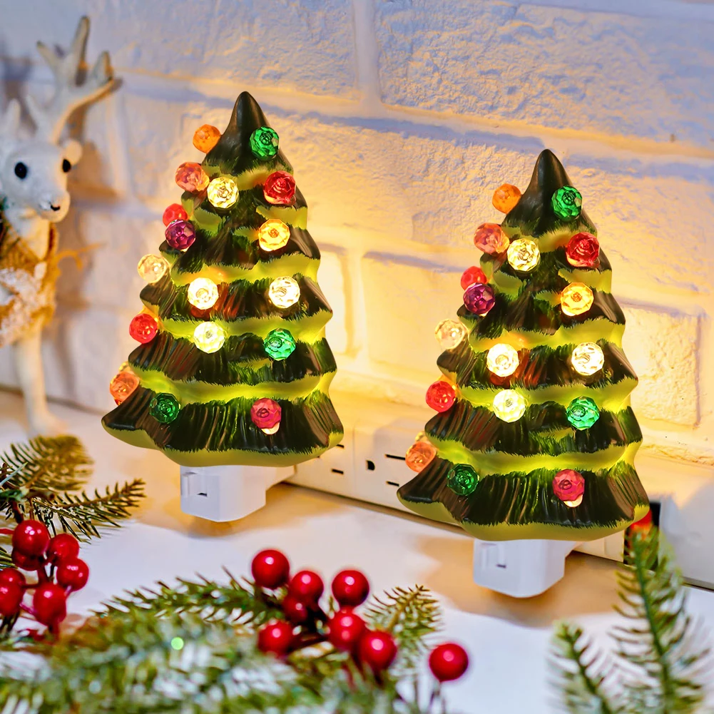 1-2Pcs Resin Christmas Tree Night Light,Vintage Christmas Tree Wall Plug in Night Light,Hand Painted Resin Xmas Tree  Nightlight