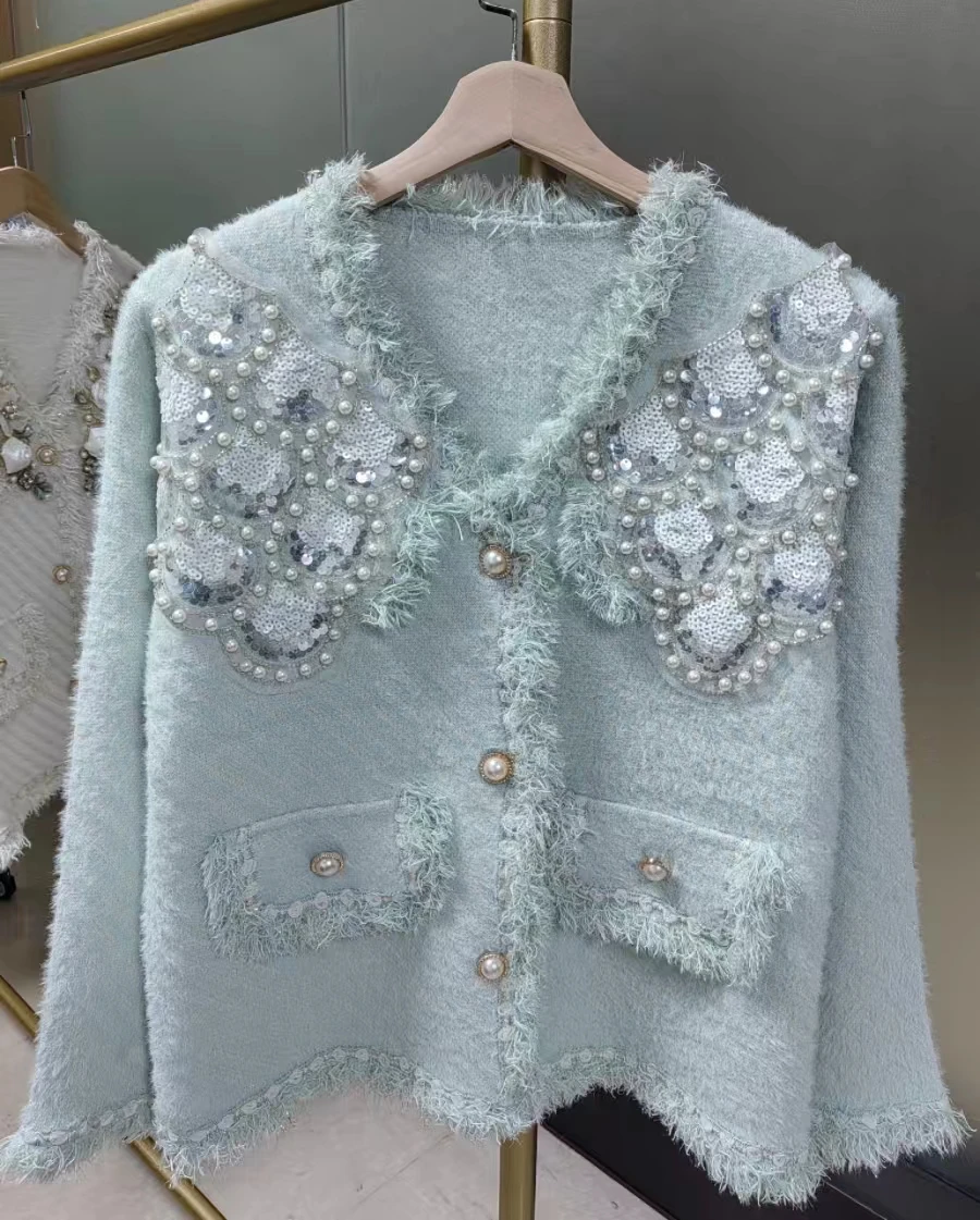 Real Photo Luxury Pearls Beaded Sequined Stitch Knitwear Cardigan Coat For Women 2024 Autumn Winter Sweater Outwear Jackets