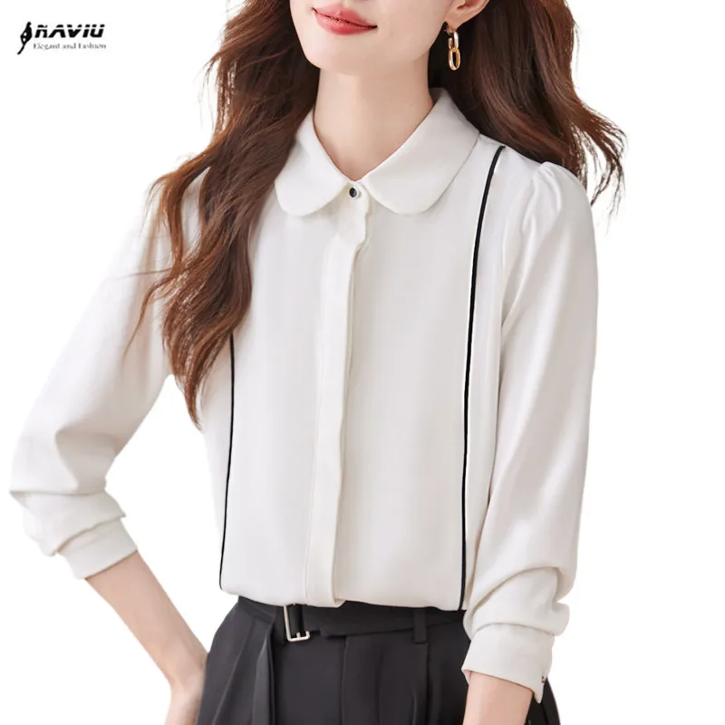 NAVIU New Slim Simplicity Solid Color Peter pan Collar Long Sleeve Shirt Women Clothes Casual All Match Office Lady Tops Blouses