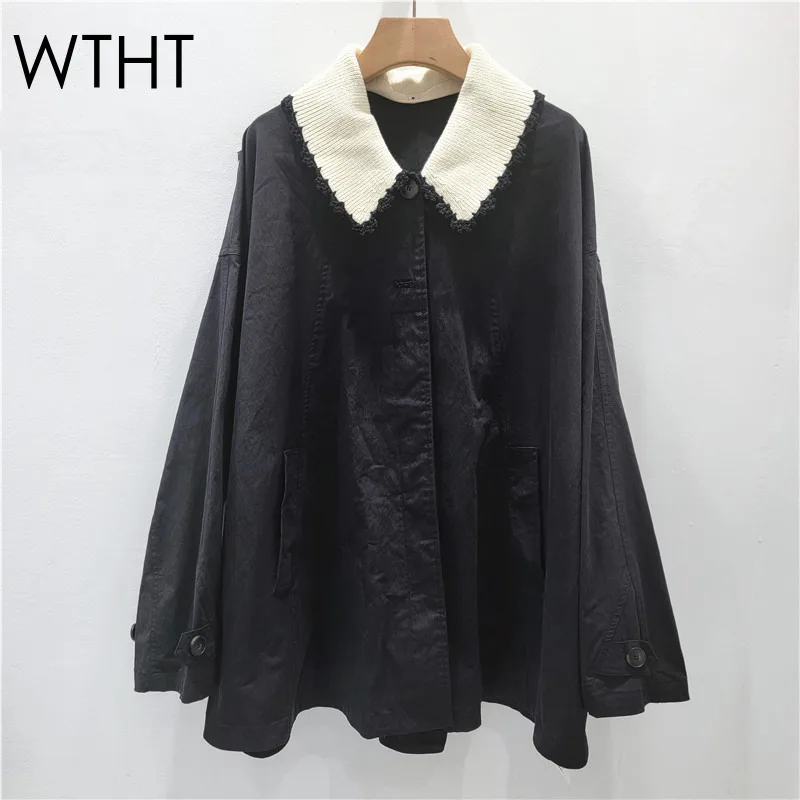 

WTHT новая модная женская вязаная свободная куртка с отложным воротником контрастного цвета, осень 2021, модное женское пальто с длинными рукавами 1LS2604