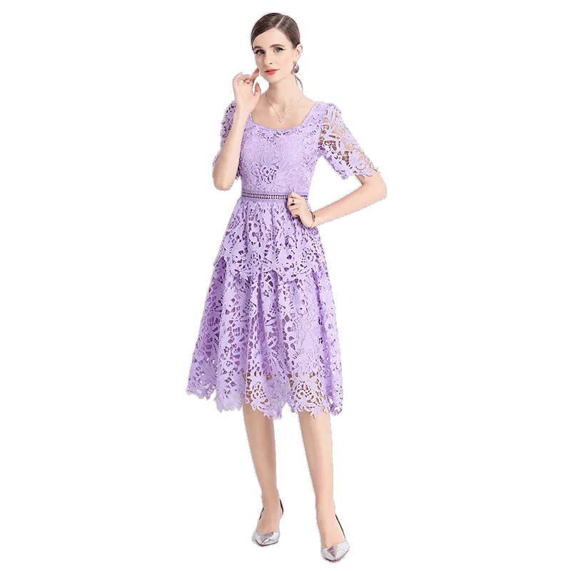 Ele évider dentelle Midi Dr col carré Soluble Faion minceur conception originale fabricant chinois hiver Thi K...