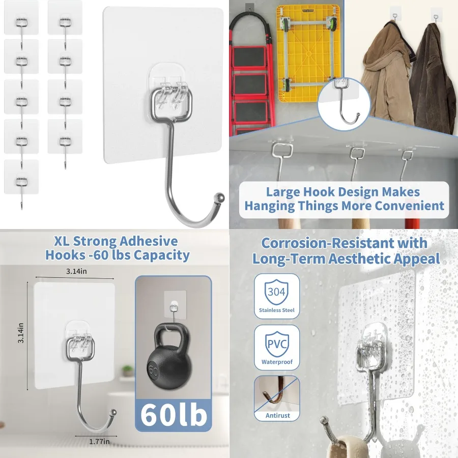 

Сверхмощные водонепроницаемые и нержавеющие клейкие настенные крючки объемом 60 фунтов для установки без повреждений в кухне, ванной и пространстве в аренду 1