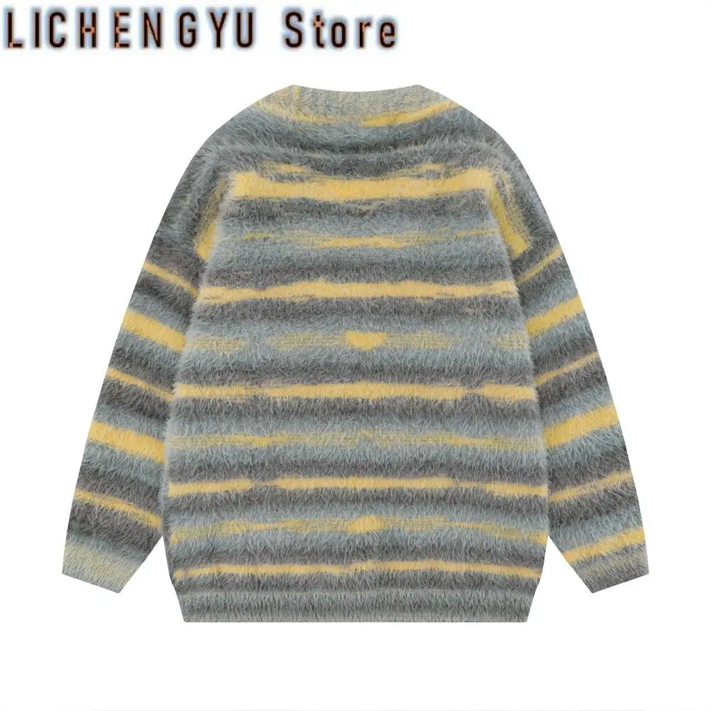 Hip Hop Striped Plush Thickened Men's Cardigan V-neck Fashionable Casual Loose Sweater Couple Streetwear Loose Knit