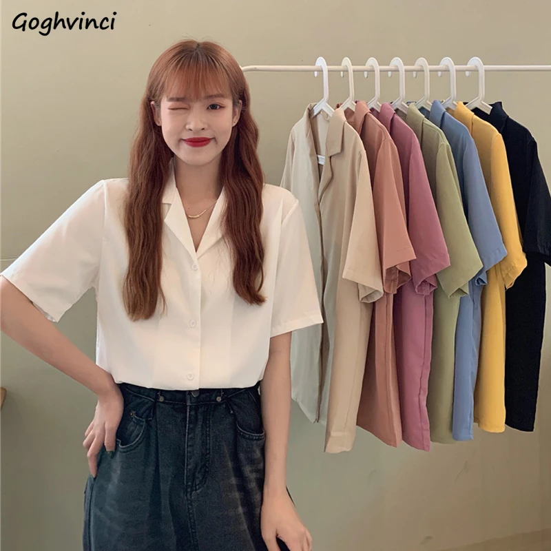 

Shirts Women Simple Basic Chiffon Summer All-match Casual Office Lady College Young Notched Camisas De Mujer Short Sleeve