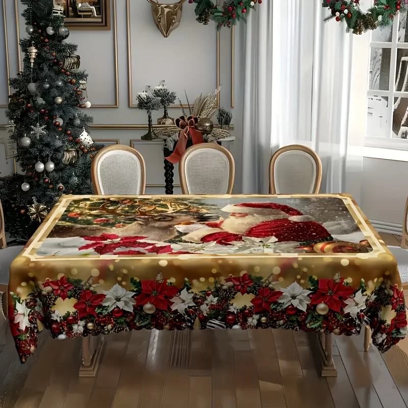 1pc Warm Christmas Tablecloth - Santa Claus and Elk Snow Scene Print, Edge of the Flower Cluster Pattern, the Overall Color Is B