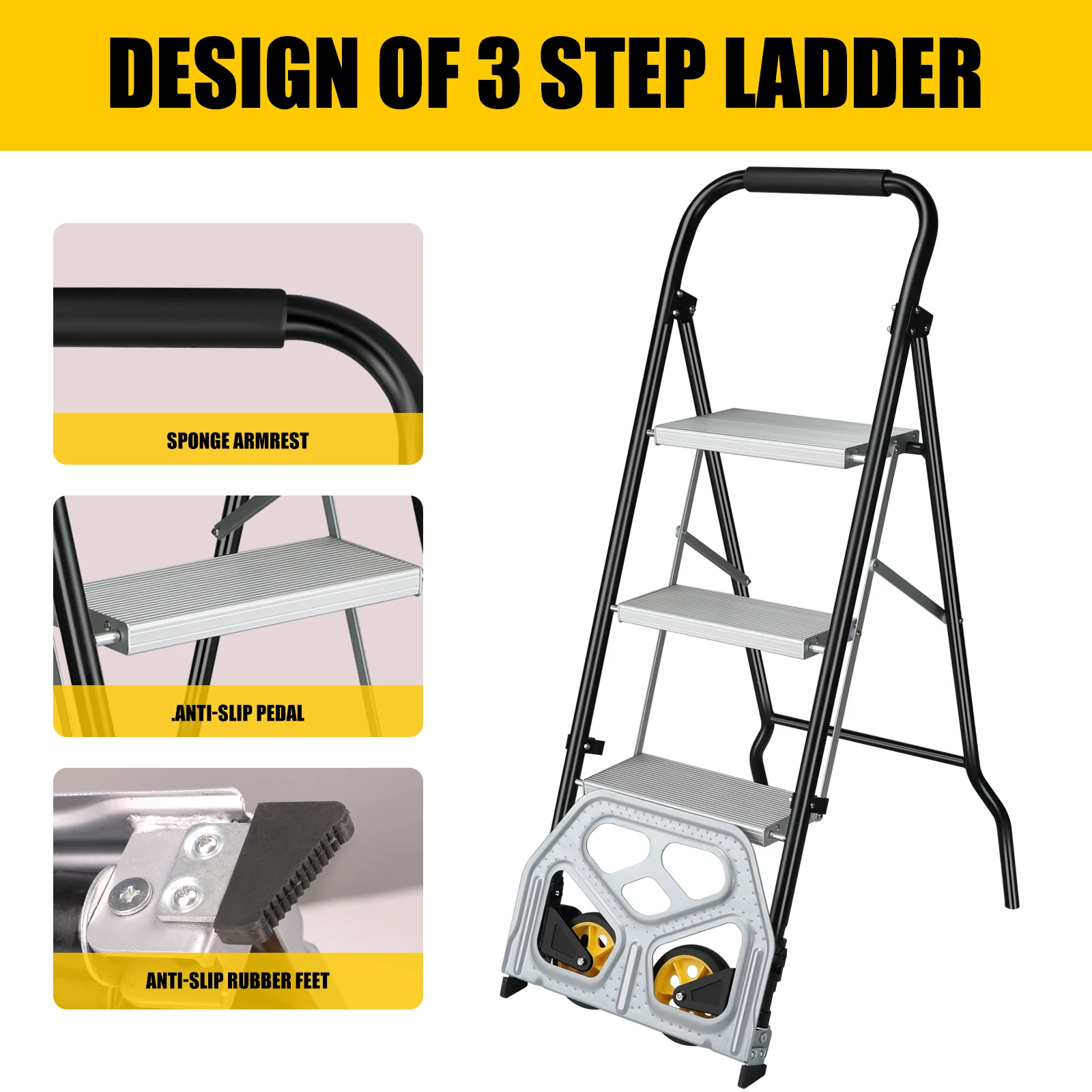 3 Step Ladder & Folding Hand Truck,3 Step Stool with Wide Anti-Slip Pedal and Cushioned Handle for Home Factory