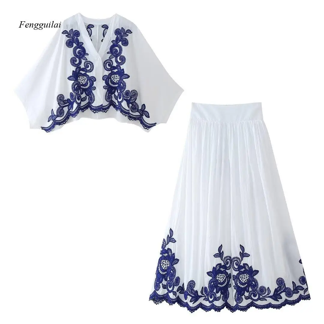 Europäischer Damenmode-Set: Farblich Abgestimmte Bestickte Bluse + Halblanger Rock