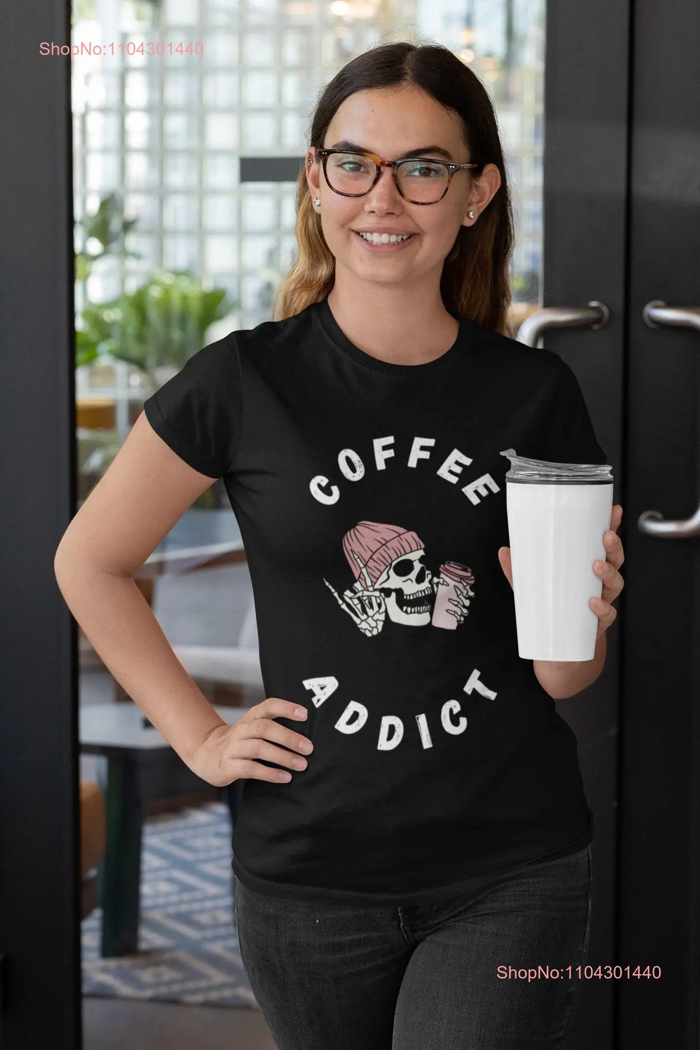 Coffee Addict Skeleton T Shirt Lover Funny s long or short sleeves