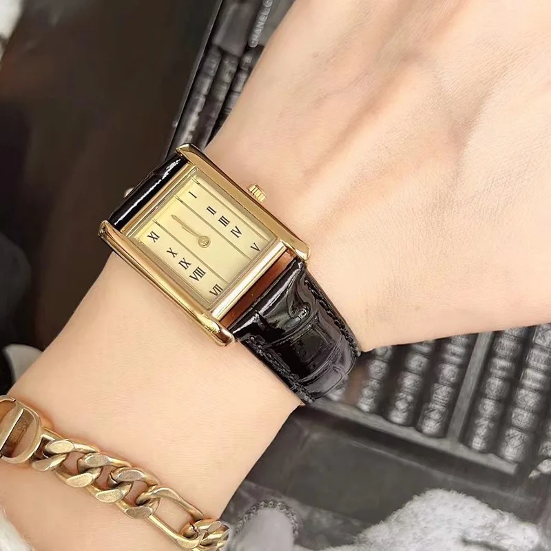 Elegant Cow Leather Band Womens Square Watch Golden Dial Plate Watch