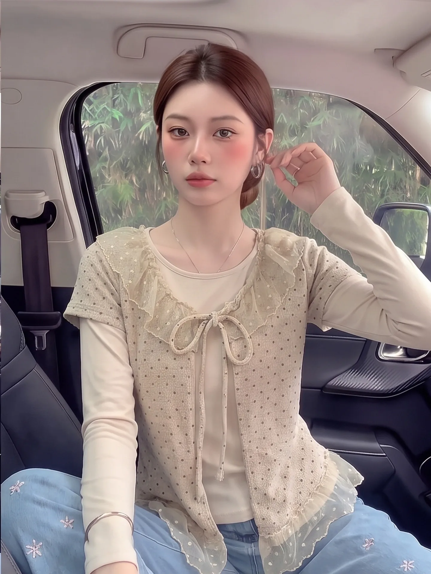 Retro Sweet Lace Trim Polka Dot Tie Two Piece Set T Shirt Women's Autumn Versatile Loose Slimming Top Bottom Ensemble