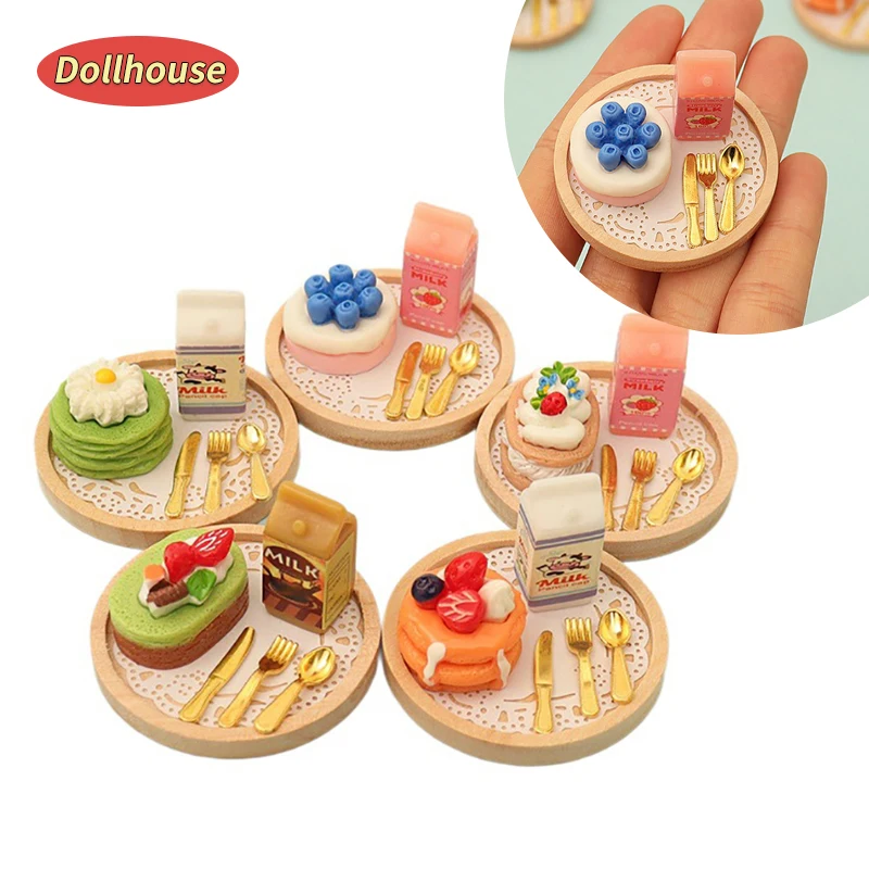 1 セット 1:12 ドールハウスミニチュアケーキミルクフォークトレイ食品モデルキッチン装飾おもちゃドールハウスアクセサリー子供のギフト